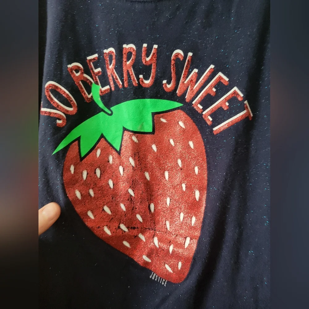 Justice Girls Navy Blue Graphic T-Shirt Top with Glitter Strawberry 14